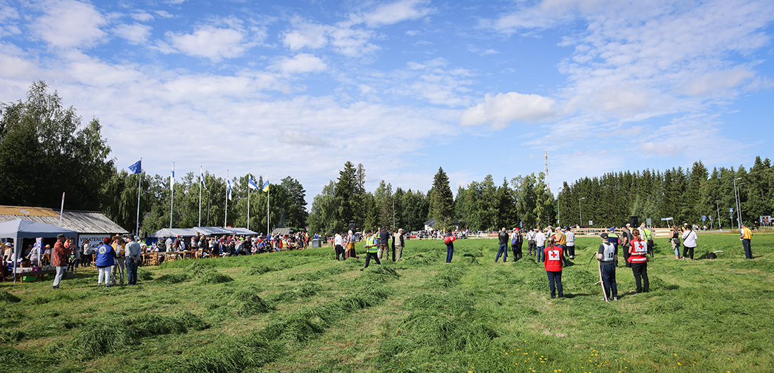 Viikateniiton MM-kisat käynnissä pappilan edessä olevalla pellolla,