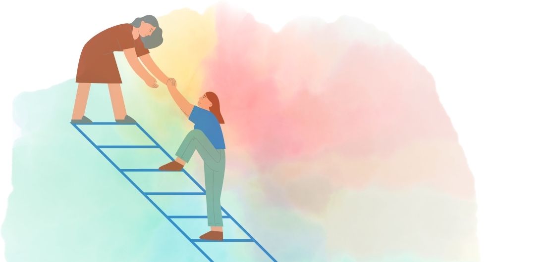 Piirrettyhenkilö auttaa toista henkilöä nousemaan tikapuille.