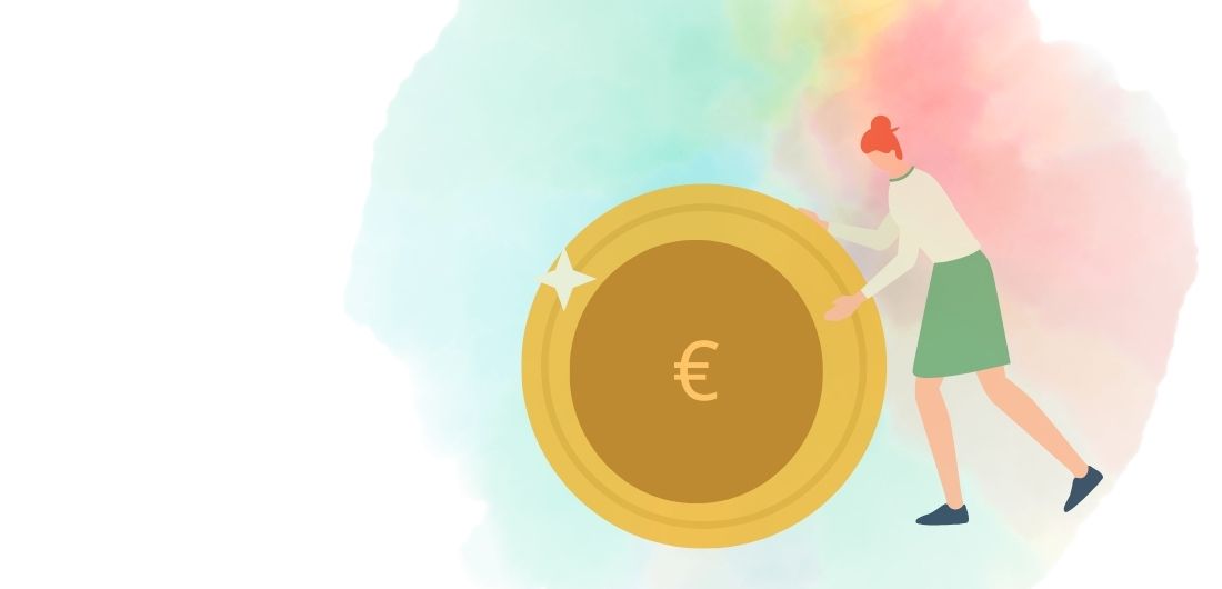 Piirretty henkilö pyörittää jättikokoista kolikkoa.