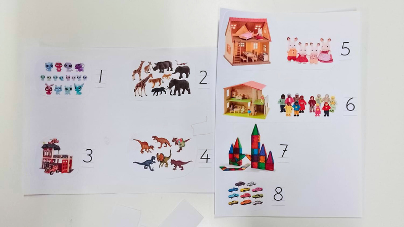 Kahdella A4-paperilla kuvia leluista, joita äänestetty numeroin.