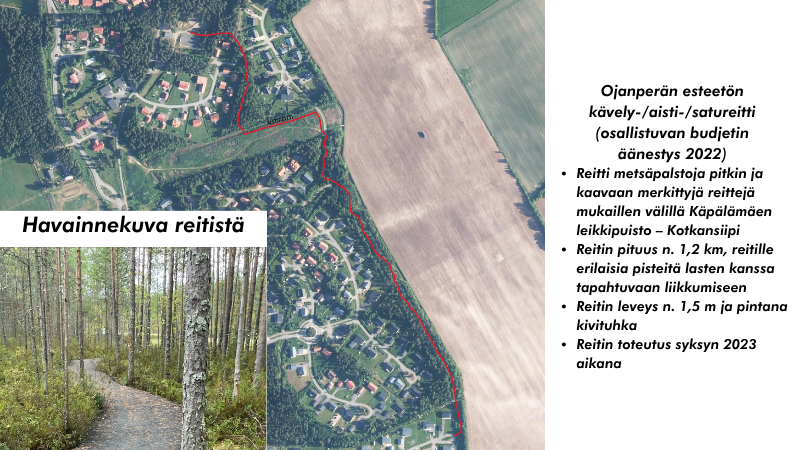 Ilmakarttakuva Ojanperän alueesta, johon punaisella viivalla merkitty esteetön kävelyreitti.