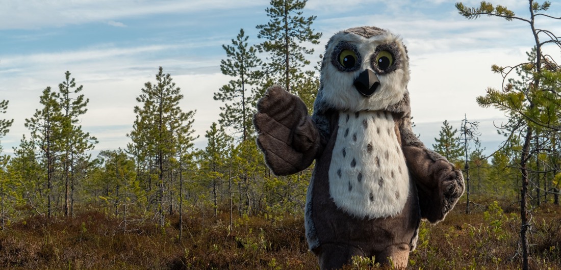 Pöllömaskotti seisoo suolla ja tervehtii katsojaa nostamalla siiven ylös.