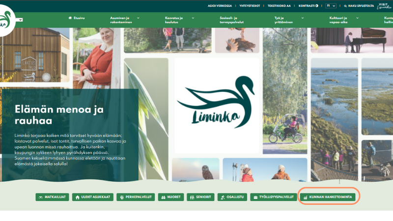 Hankekoontisivun linkin sijainti Limingan kunnan etusivulla.