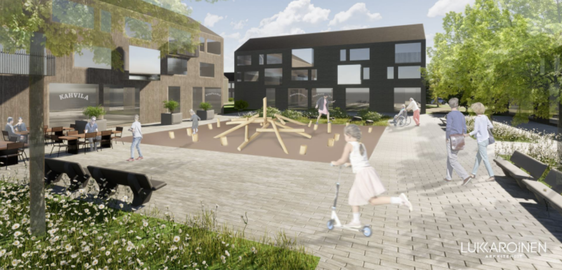 Arkkitehtitoiminton havainnekuvassa näkyy Tupoksen keskustaa, jossa on liikerakennuksia sekä aukio, jolla kulkee kaikenikäisiä kuntalaisia.