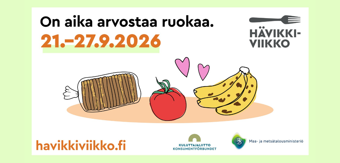Hävikkiviikon kampanjakuvassa piirretty leipäpussi, banaani ja tomaatti.