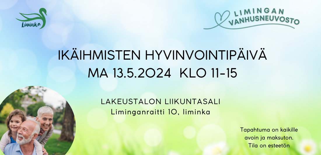 Ikäihmisten hyvinvointipäivän päivämäärä ja kellonaika keväisellä pohjalla.