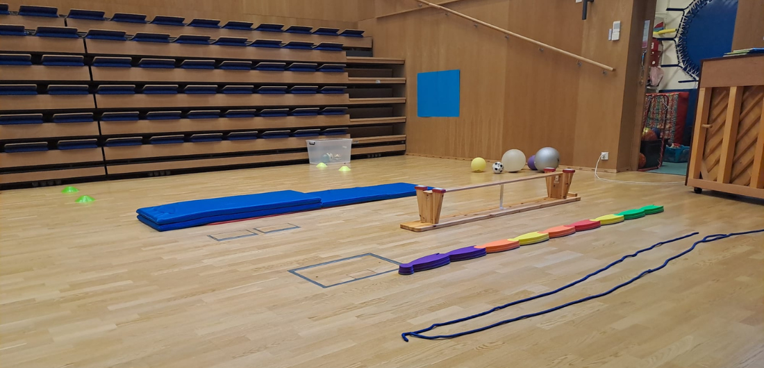 Liikuntasali, jossa liikuntavälineitä esillä.