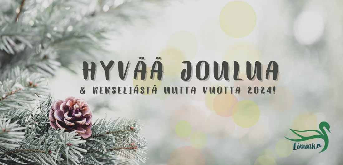 Joulukortti, jossa männynoksa ja käpy sekä joulutervehdys.