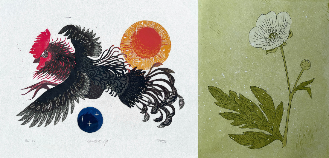 Kuvassa museon kesänäyttelyn teokset Aamuntuoja ja Luuvalokukka.