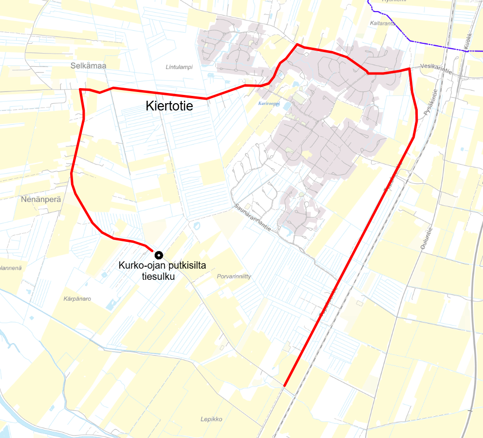 Kuvassa kiertotie siltatyön aikana Lintulammentien, Järvenpääntien, Vesikarintien ja Tupoksentien kautta.