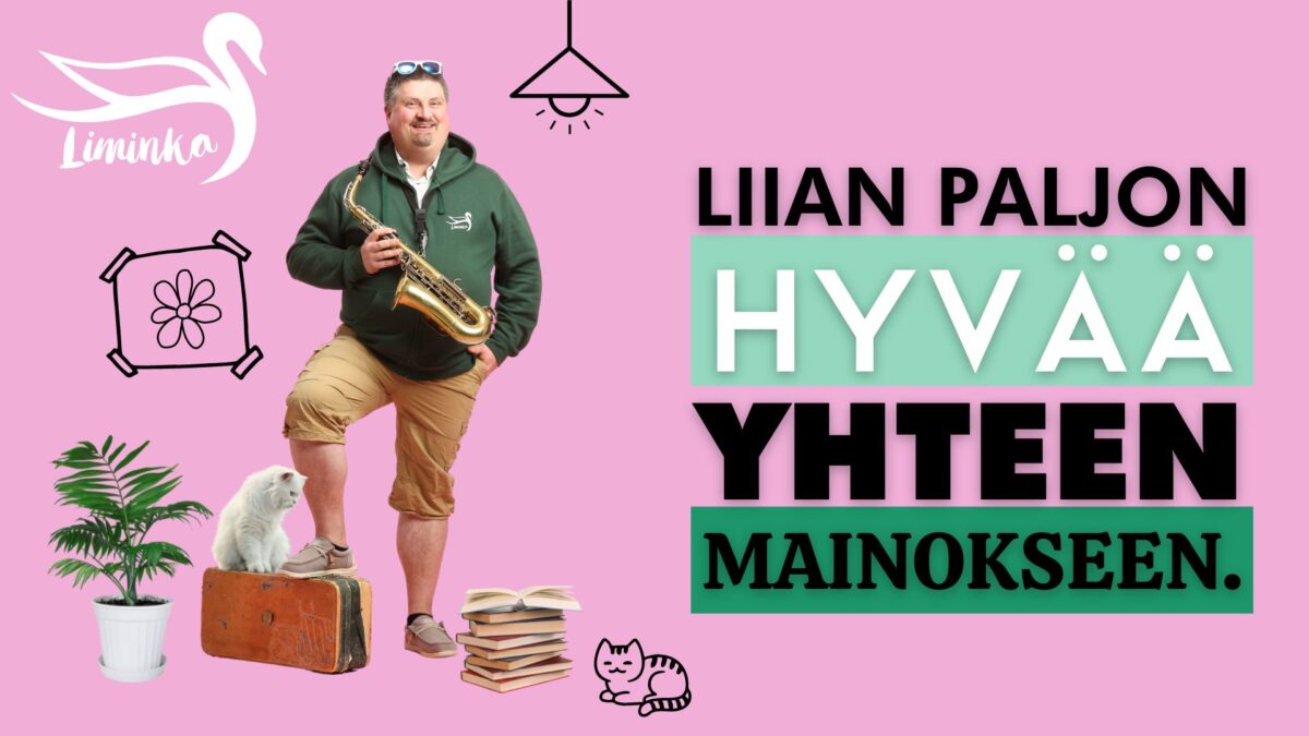 Mainoskuva, jossa mies seisoo saksofoni kädessä kissoineen ja kirjoineen.