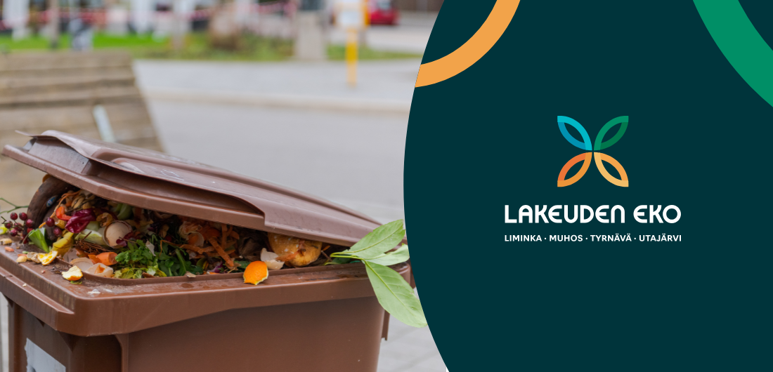 Kuvassa biojäteastia, jonka kannen raosta näkyy appelsiinin kuoria ja pensaan oksia. Kuvan päällä Lakeuden EKOn logo ja grafiikkaa.