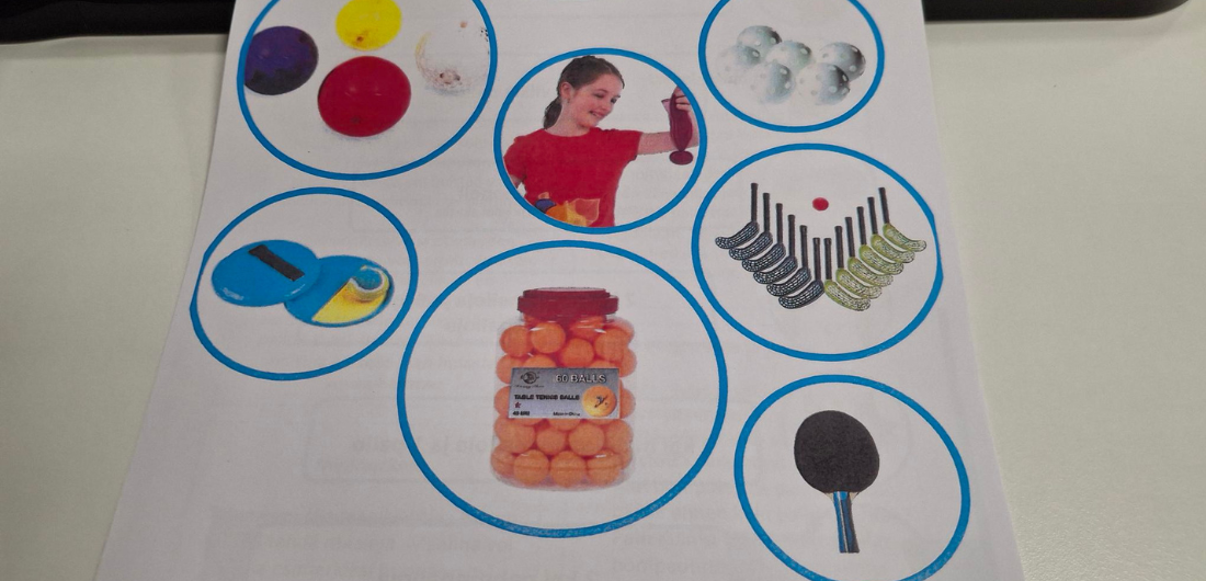 Kuvassa moniste, jossa liikuntakassin sisältö on avattu kuvien kautta. Kuvissa esimerkiksi erilaisia palloja ja mailoja.