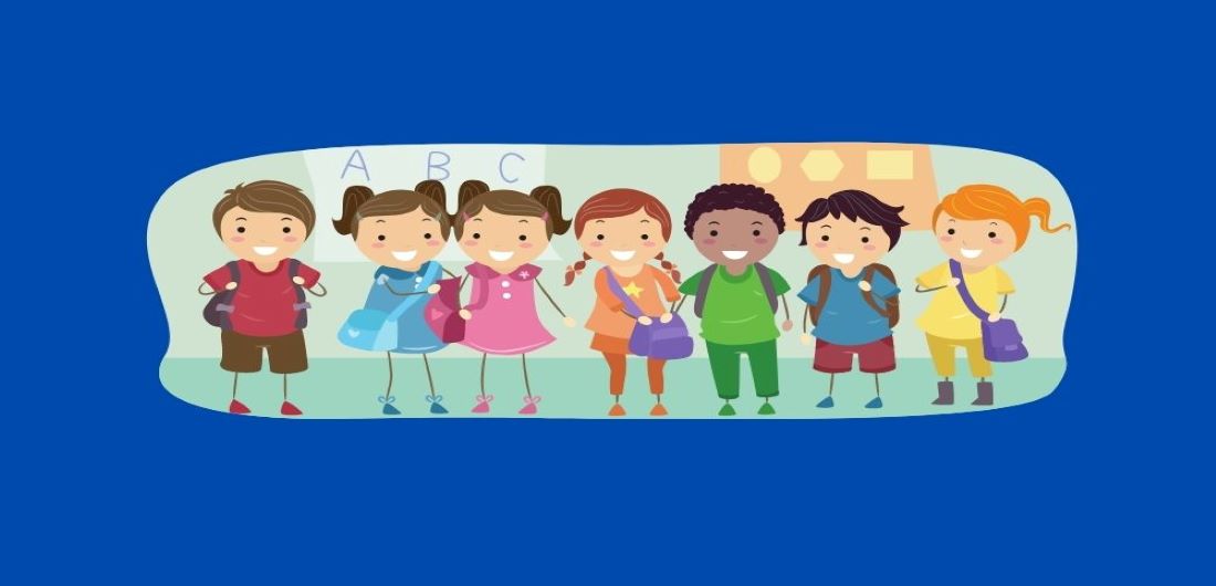 Piirretyt lapset seisovat rivissä ja hymyilevät