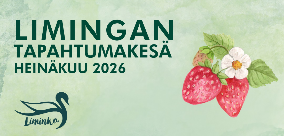 Limingan tapahtumakesän grafiikka: teksti Limingan tapahtumakesä heinäkuu 2026 ja mansikoiden vesivärikuva.
