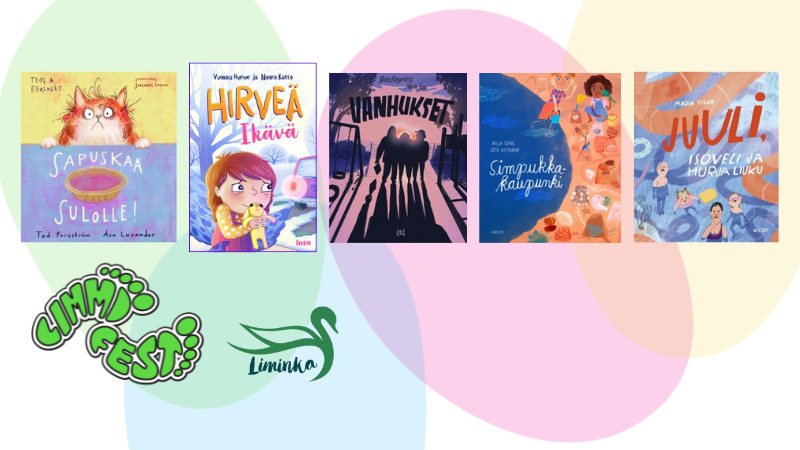 Limmi-palkinnon ehdokaskirjojen kansikuvat, Limmi-logo ja Limingan kunnan logo.