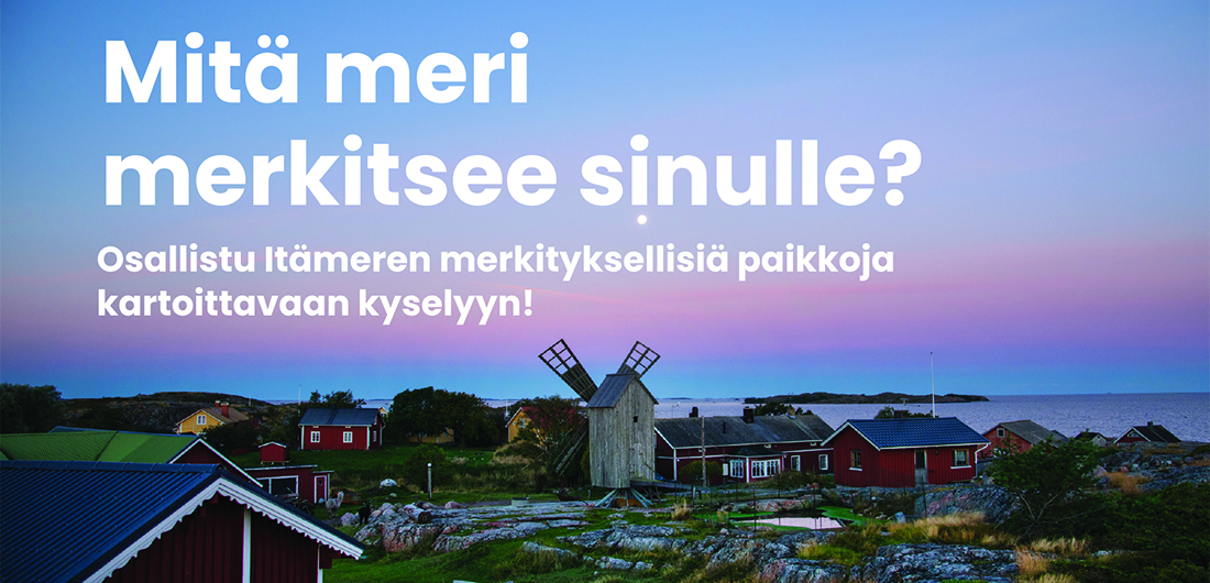 Merimaisema, jossa etualalla mökkejä ja tuulimylly.