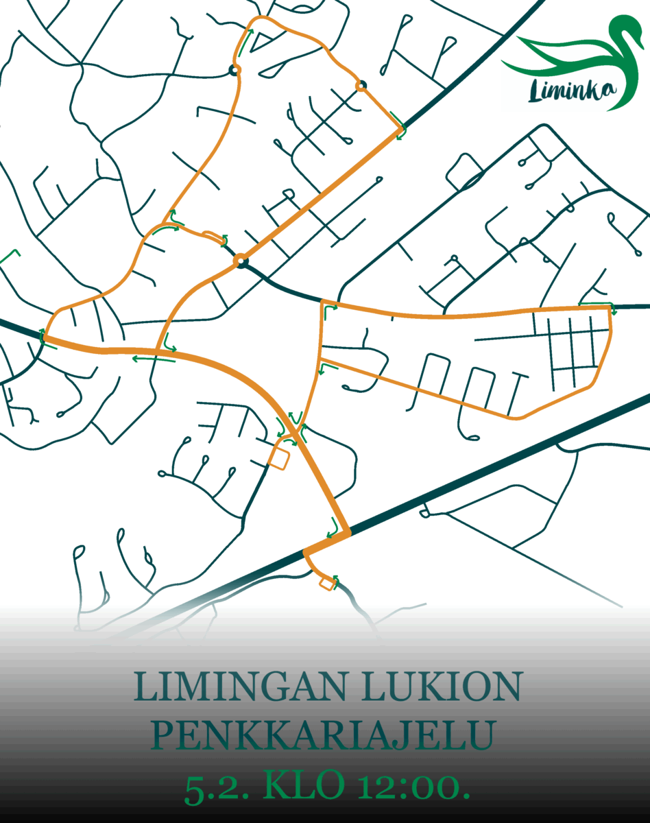 Penkkariajelujen vuoden 2026 reitti kartalla.