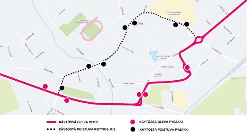 Oulun seudun liikenteen poikkeusreitti kartalle merkittynä.