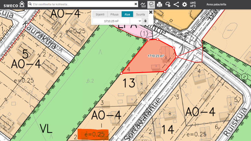 Rakennusoikeuden määritys tapahtuuu Swecon karttapalvelussa.