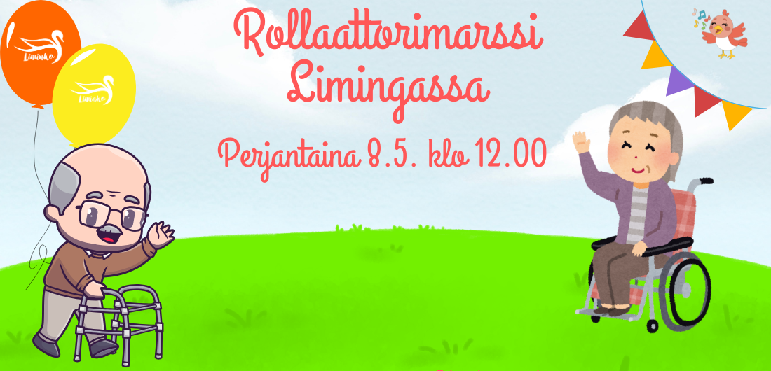 Rollaattorimarssi Limingassa- teksti värikkään piirroskuvan päällä.