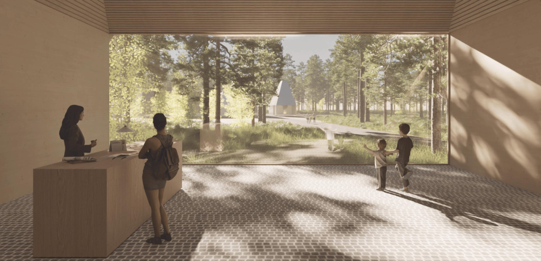 Visualisointi Hailuodon vierailukeskuksen sisätiloista.