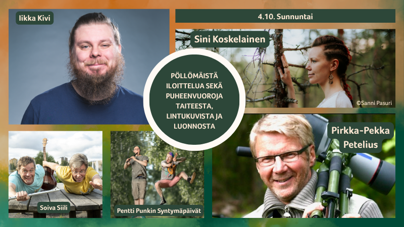 Kuvakollaasissa mukana sunnuntain esiintyjät Iikka Kivi, Pirkka-Pekka Petelius, Sini Koskelainen, Pentti Punkin syntymäpäivät ja Soiva Siili.