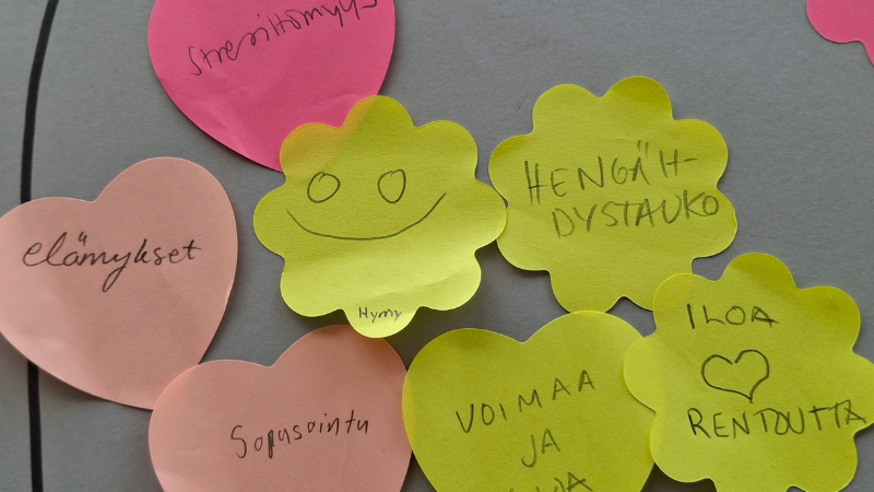 Kuva tarralapuista, joihin on kirjoitettu Suomen luonnon merkityksiä vastaajille. Lapuissa lukee "elämykset", "sopusointu", "iloa ja rentoutta" sekä "hengähdystauko".