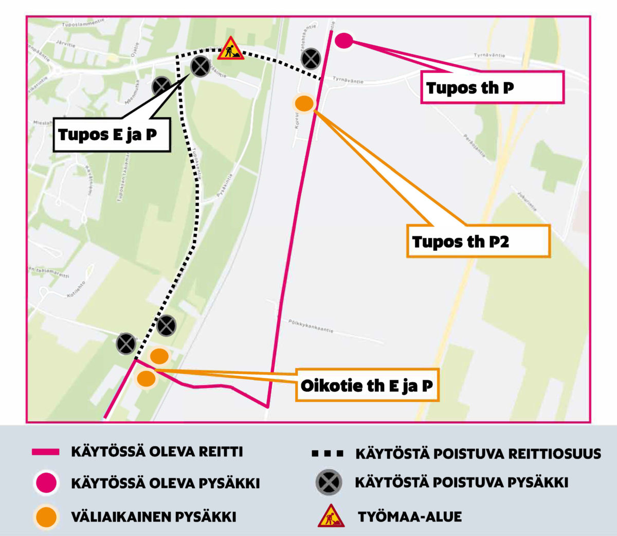 Karttakuva käytössä olevista pysäkeistä.