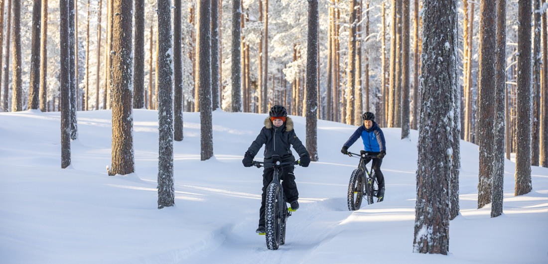 Kaksi pyöräilijää lumisessa metsässä.