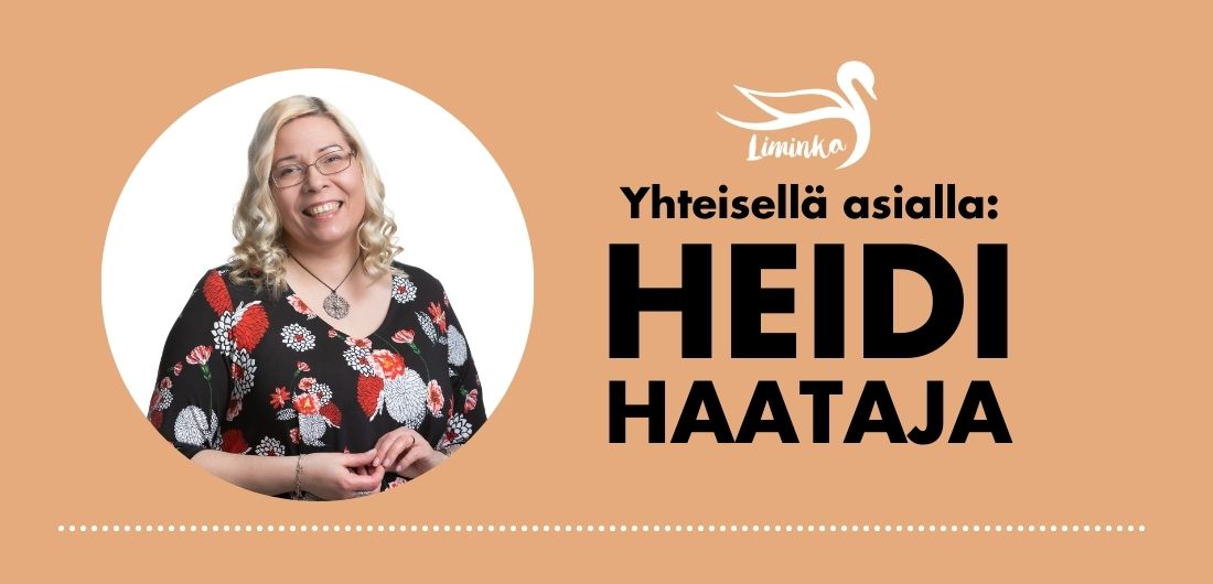 Nainen hymyilee Limingan kunnan logolla varustetussa käyntikortissa, jossa lukee: Yhteisellä asialla: Heidi Haataja.