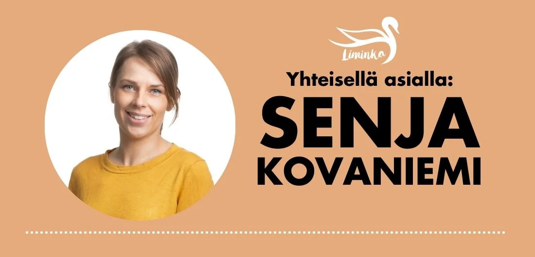 Tummahiuksinen nainen hymyilee Limingan kunnan logolla varustetussa käyntikortissa, jossa lukee: Yhteisellä asialla: Senja Kovaniemi.
