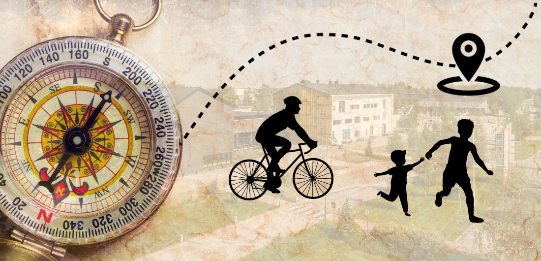 Vanha kompassi, jonka taustalla kuva Limingan keskustasta,