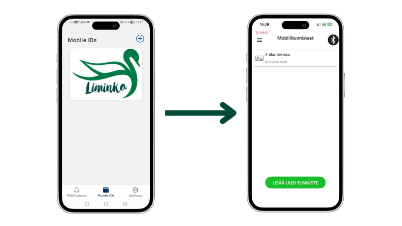 Kuvassa on kaksi puhelimen näyttöä. Vasemmalla näkyy sovellus, jossa on Limingan joutsenlogo. Keskellä on vihreä nuoli, joka osoittaa oikealle. Oikealla näkyy toinen sovellus, jossa on lista tunnisteista ja vihreä painike “Lisää uusi tunniste”.