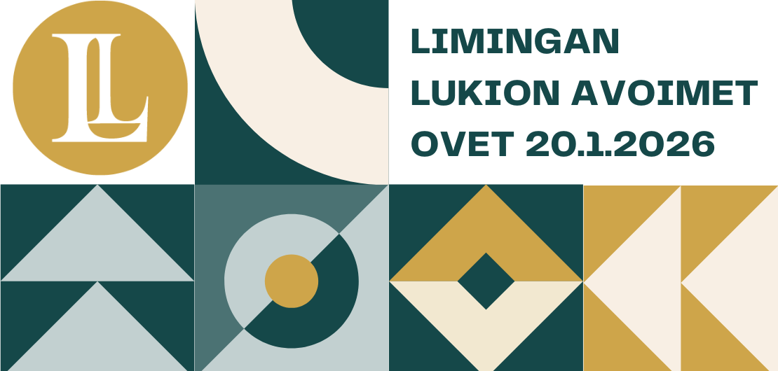 Limingan lukion grafiikka ja teksti "Limingan lukion avoimet ovet 20.1.2026"