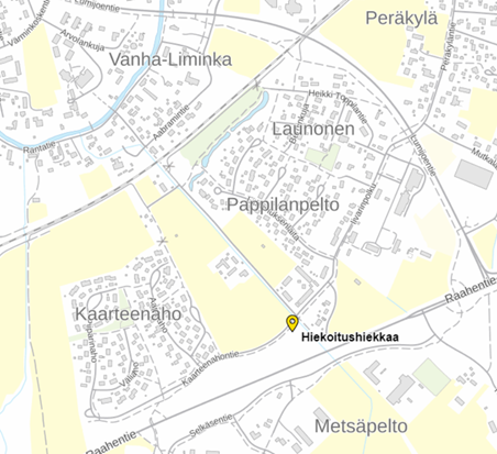 Hiekoitushiekan noutopisteen sijanti kartalla: hiekkaa on tarjolla Kaarteenahontien ja Ellen Juustilan kujan risteyksen tuntumassa.