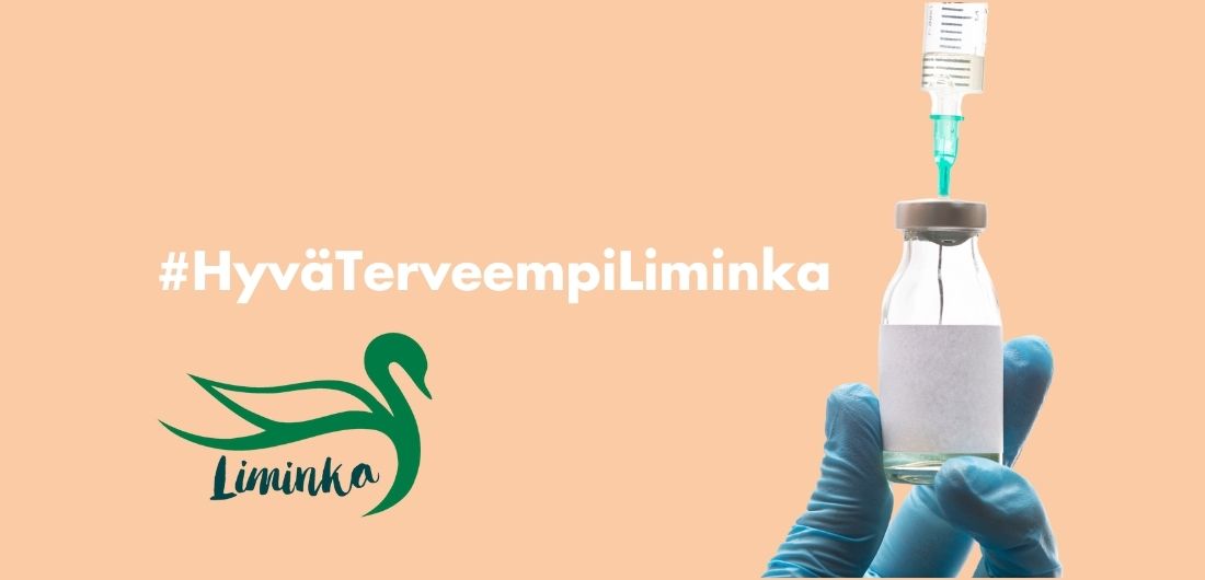 Rokotekampanjakuva, jossa Limingan logo, lääkeampulli sekä #HyväTerveempiLiminka-teksti