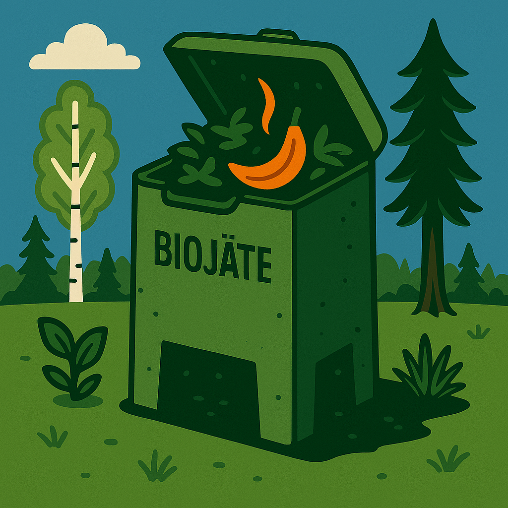 Piirroskuva kotikompostorista, jossa biojäte-teksti ja biojätettä sisällä.