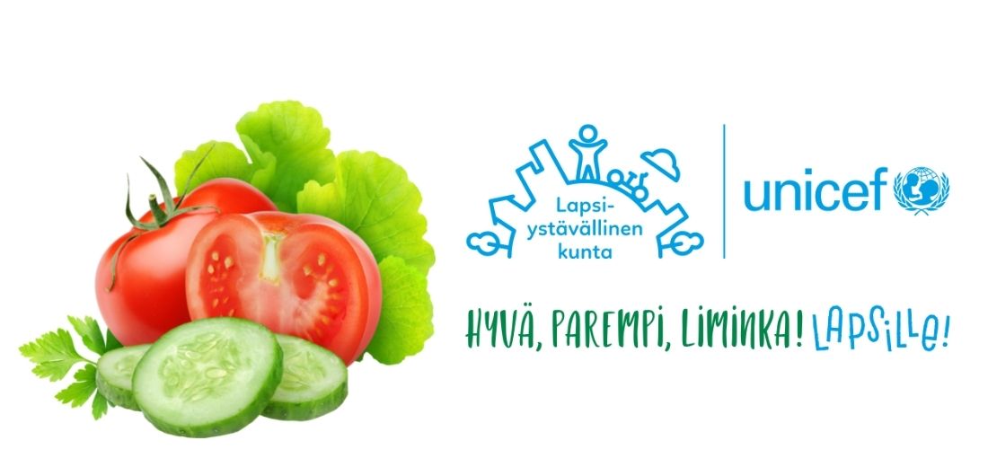 Lapsiystävällinen kunta-logo sekä kuva kasviksista.