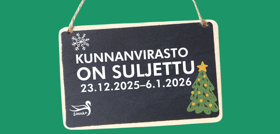 Kuvituskuvassa liitutaulussa teksti Kunnanvirasto suljettu 23.12.2025–6.1.2026
