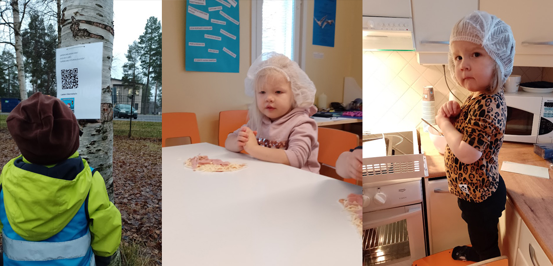 Lapset leipovat ja retkeilevät.