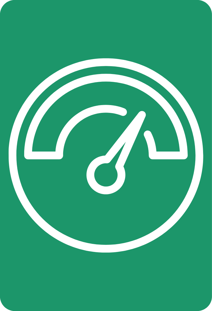 Valkoinen nopeusmittarin ikoni vihreällä taustalla, viisari osoittaa oikealle, symboloiden nopeutta tai suorituskykyä.