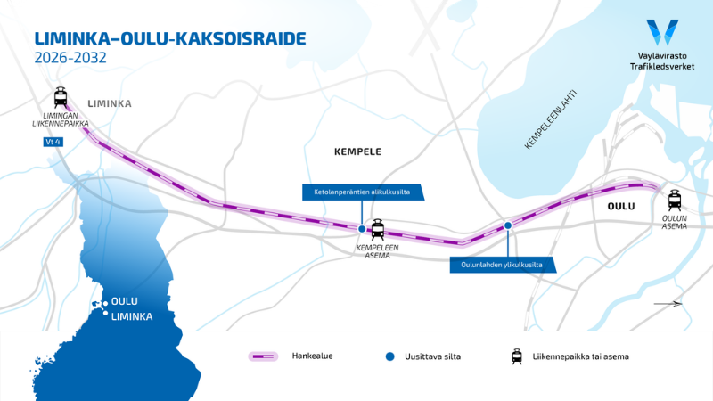 Liminka-Oulu-kaksoisraiteen havainnekartta, jossa näkyvät Limingan liikennepaikka, Kempeleen asema ja Oulun aseman sijainnit. Lisäksi karttaan on merkitty Ketolanperäntien alikulkusillan ja Oulunlahden ylikulkusillan sijannit.