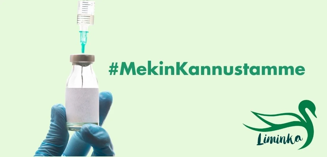 Rokotekampanjakuva, jossa Limingan logo, lääkeampulli sekä #MekinKannustamme-teksti