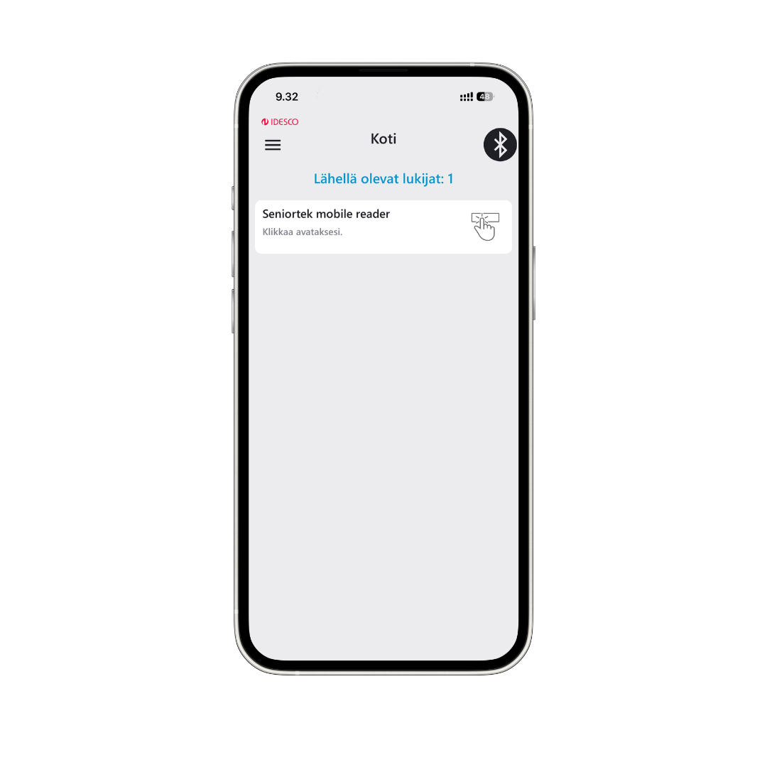 Puhelimen näytöllä näkyy sovellus, joka näyttää lähellä olevan lukijan nimeltä Senioritek mobile reader.