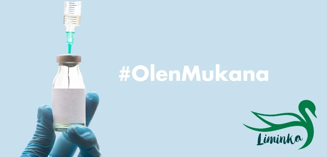 Rokotekampanjakuva, jossa Limingan logo, lääkeampulli sekä #OlenMukana-teksti