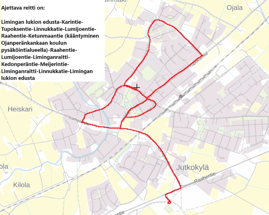 Vuoden 2025 penkkariajelun reitti kuvattuna kartalla.