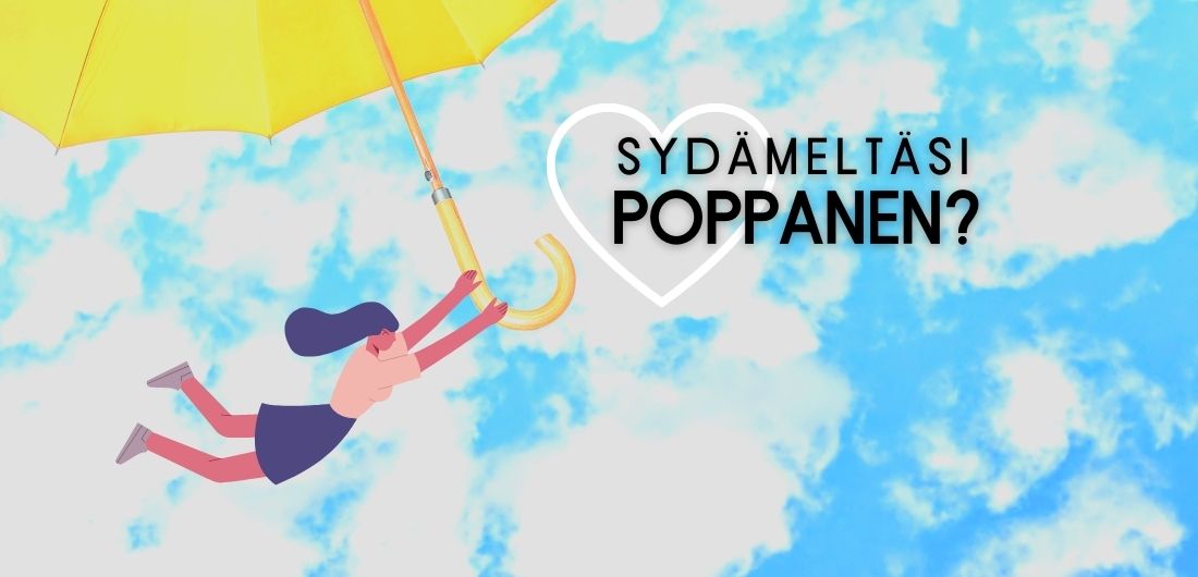 Poppaskonsteja-kampanja, jossa piirretty hahmo tarttuu lentävään sateenvarjoon