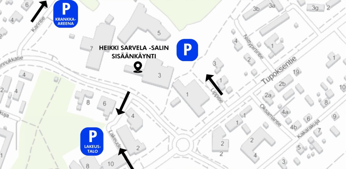 Limingan keskustan kartta, jossa näkyvät Heikki Sarvela -salin läheisyydessä olevat pysäköintialueet.