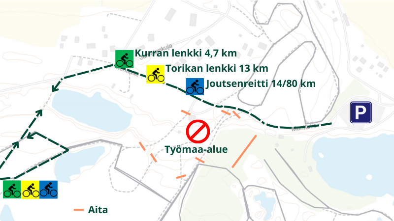 Karttakuva Rantakylän monttualueen reittimuutoksista ja työalueesta.